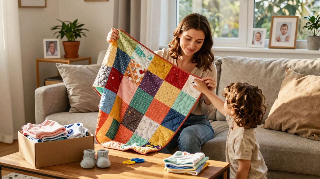 Mulher e menino com manta colorida de retalhos sentados em sala com sofá e mesa de madeira.