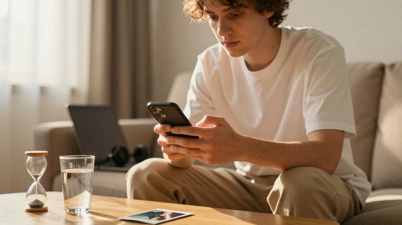 Jovem sentado no sofá a usar telemóvel, com um tablet, copo de água e ampulheta na mesa à frente.