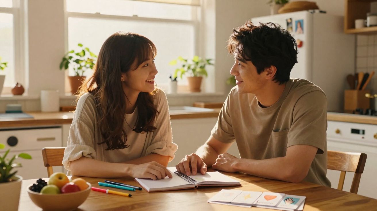 Casal sentado à mesa de cozinha, sorrindo e a segurar as mãos sobre um caderno aberto.