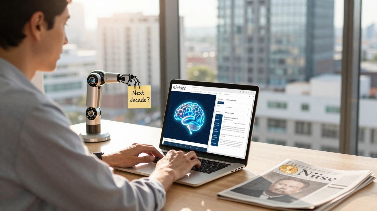 Homem a trabalhar num portátil com imagem de cérebro digital e braço robótico a segurar nota "Next decade?" numa mesa.