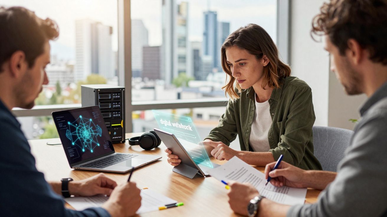 Três profissionais em reunião colaborativa com computadores e documentos numa sala de escritório moderna.