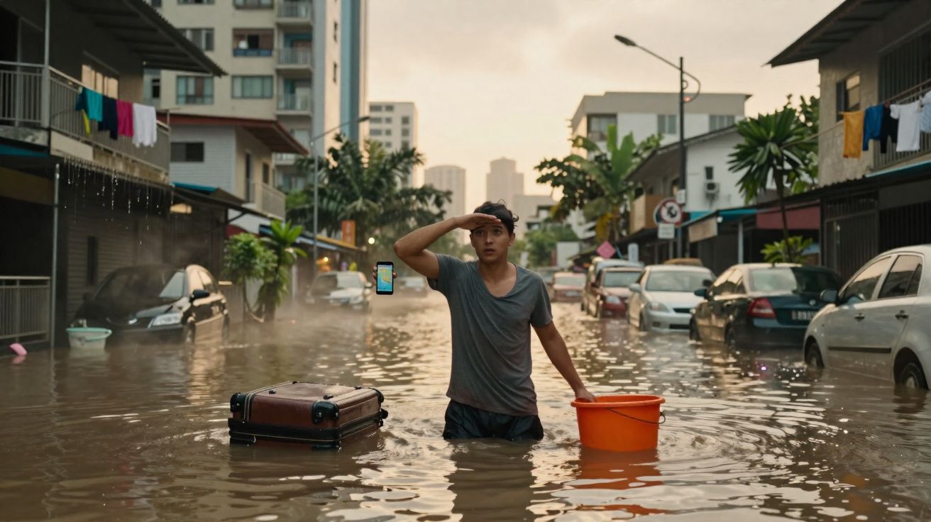 Homem com balde e mala em rua inundada, água até à cintura, entre carros e prédios residenciais.