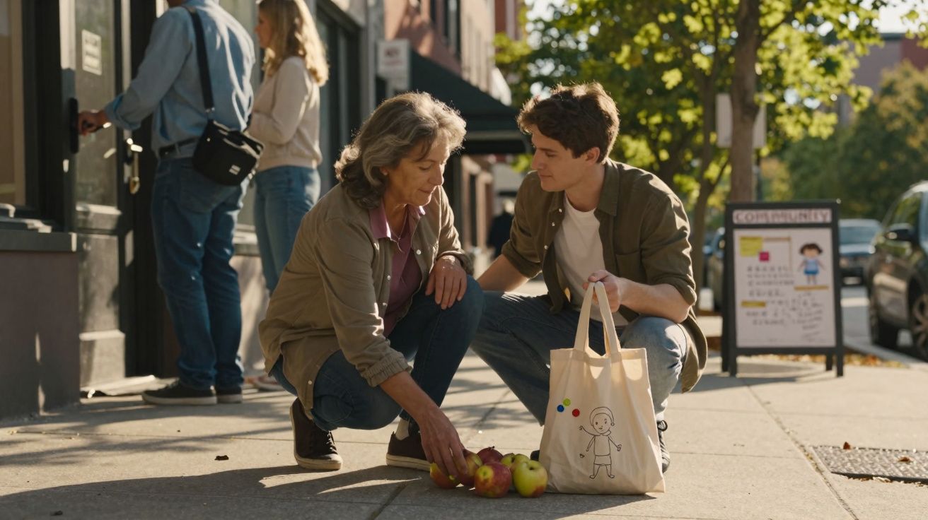 Duas pessoas apanhando maçãs caídas no passeio numa rua ensolarada de uma cidade.