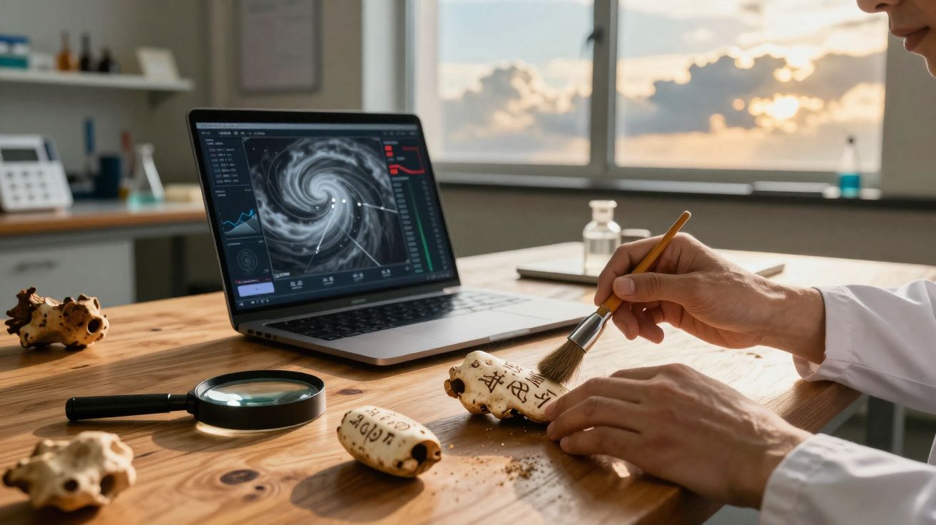 Pessoa a limpar fósseis com pincel numa mesa com computador aberto a imagem de um ciclone.