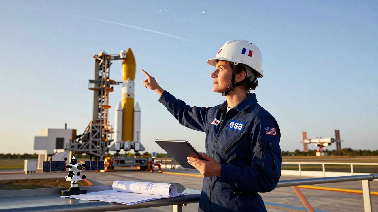Engenheira espacial com fato da ESA aponta para um foguetão numa plataforma de lançamento ao pôr do sol.