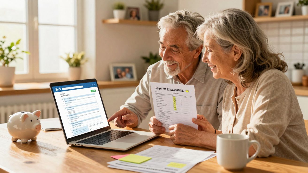 Casal sénior sentado à mesa, a planear finanças com computador portátil e documentos em casa iluminada.