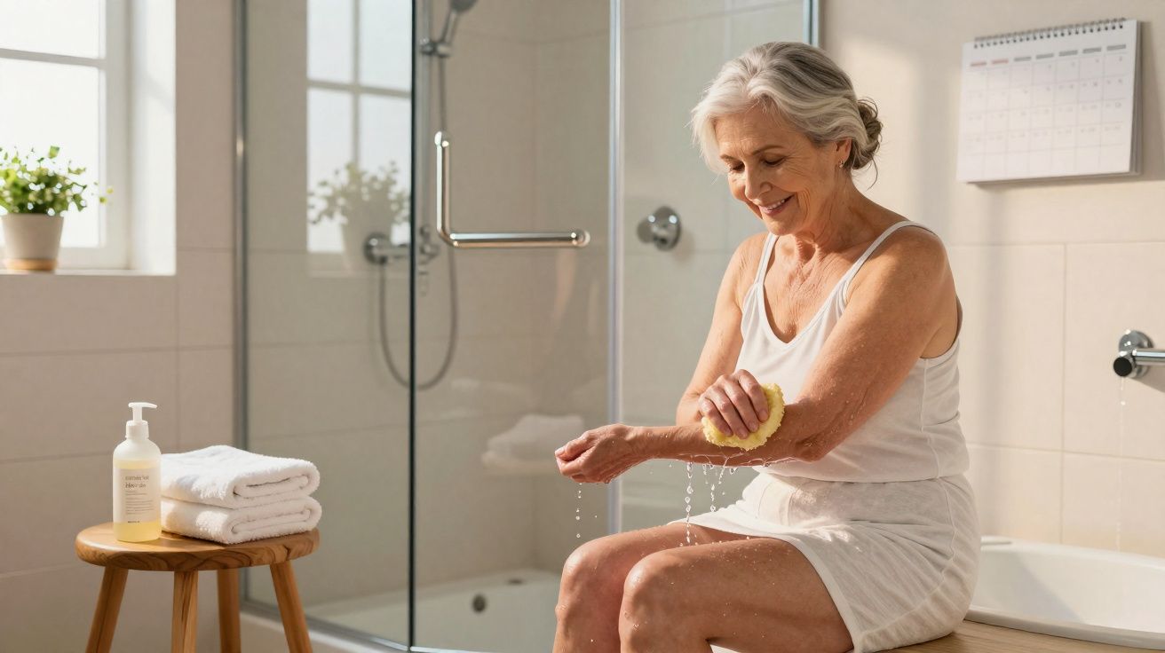 Mulher sénior a cuidar da pele com esponja sentada na casa de banho luminosa.