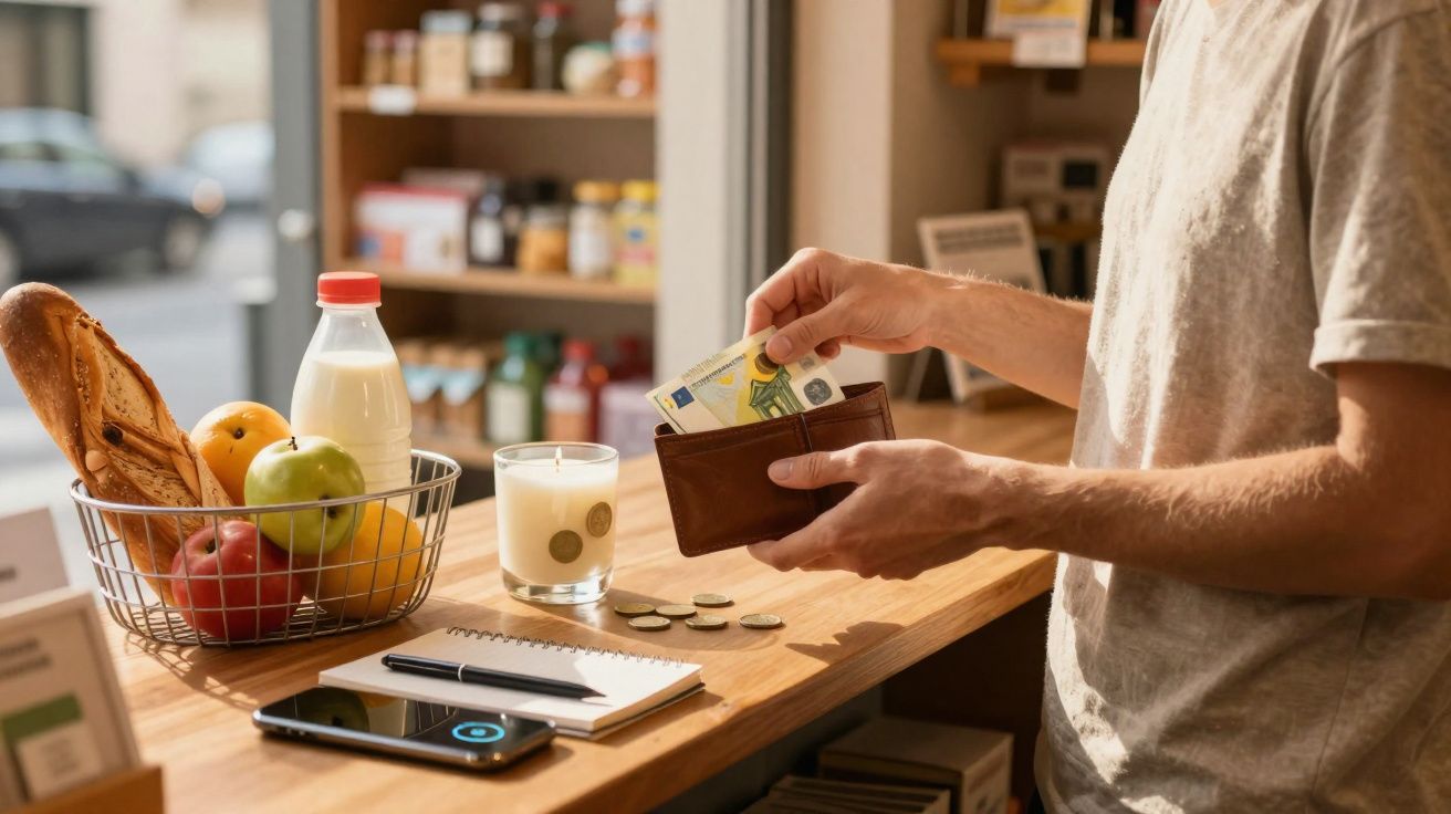 Pessoa a retirar dinheiro da carteira para pagar compras numa mesa com frutas, leite e objetos pessoais.
