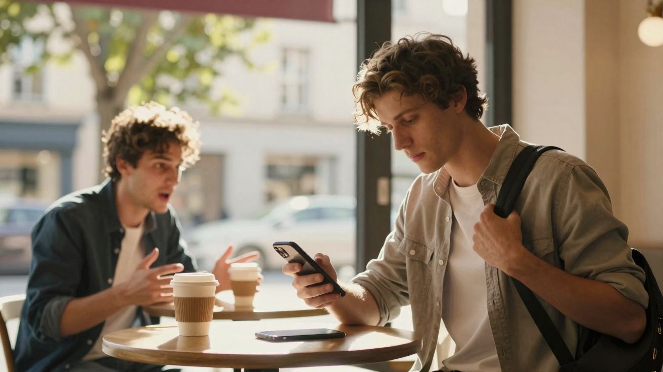 Dois jovens numa mesa de café, um a falar gesticulando e o outro a olhar para o telemóvel.