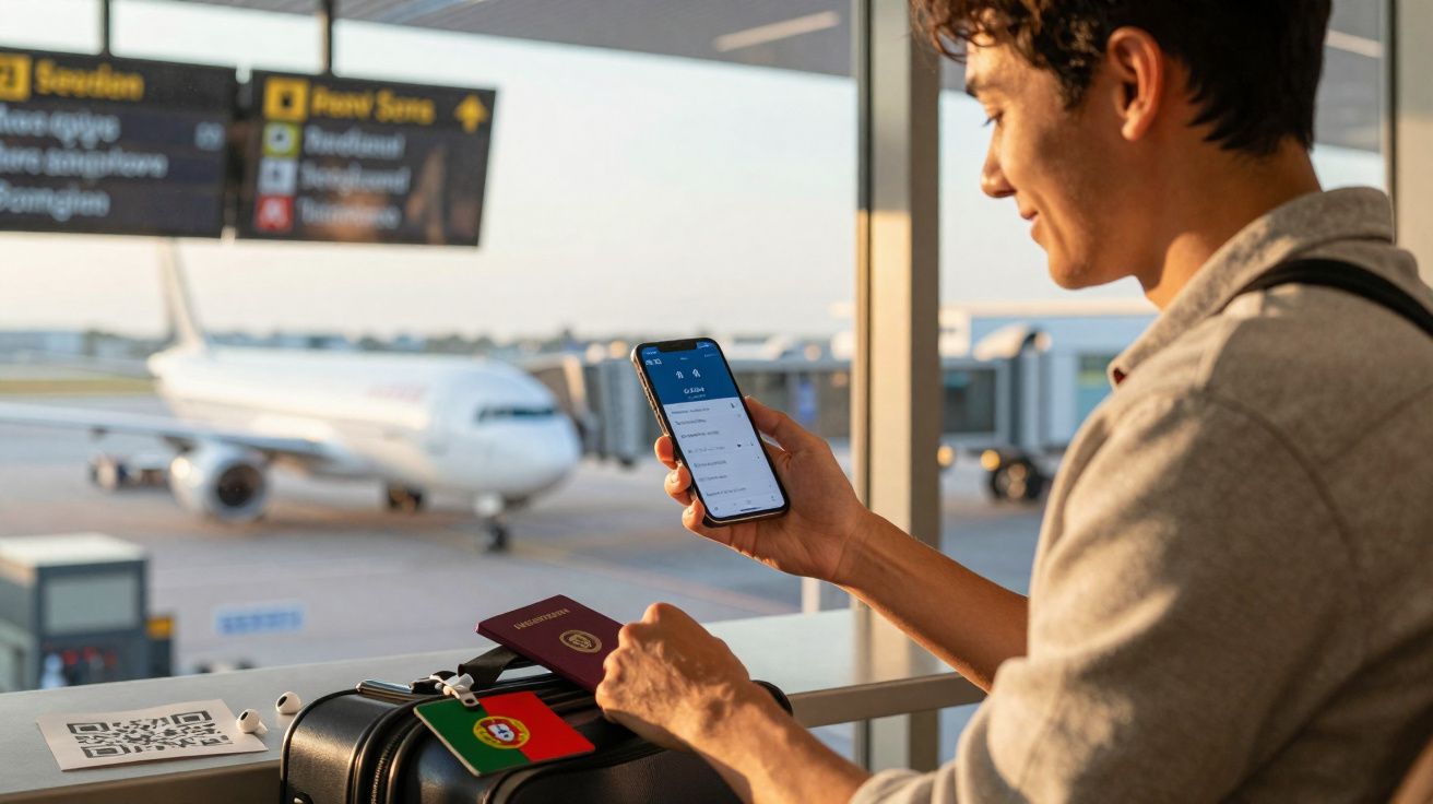 Homem com mochila e mala no aeroporto consulta voo no telemóvel, com avião parado na pista ao fundo.