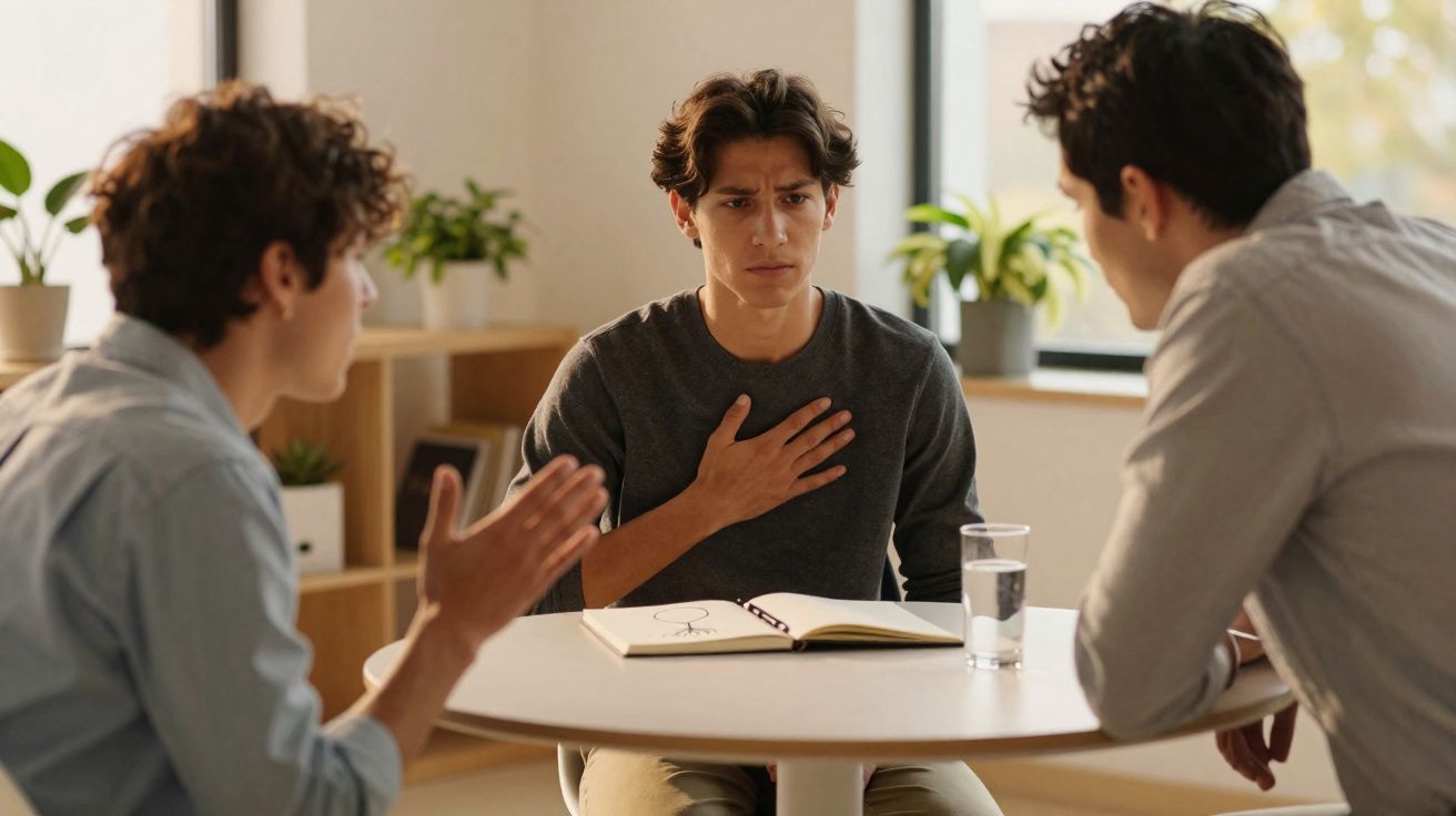 Jovem preocupado sentado entre duas pessoas que parecem estar a discutir à sua frente numa sala iluminada.