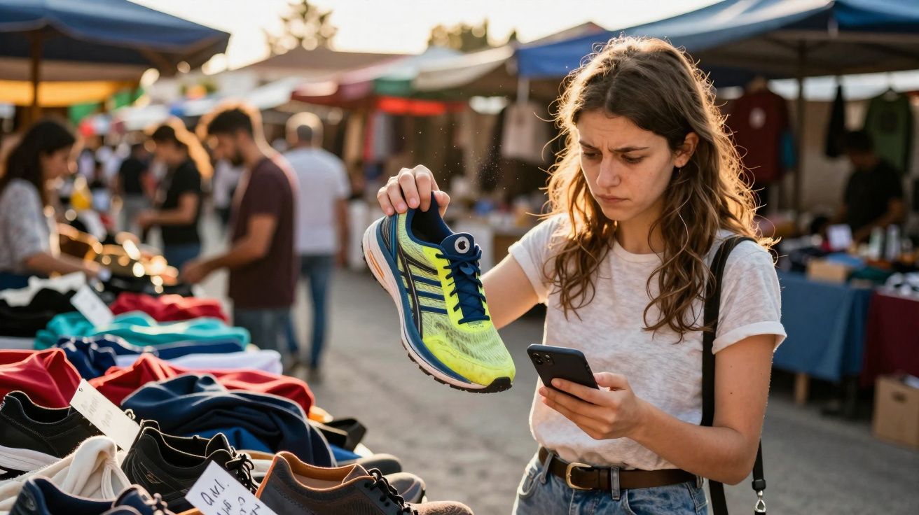 Mulher a examinar um ténis amarelo e azul enquanto consulta o telemóvel num mercado ao ar livre.