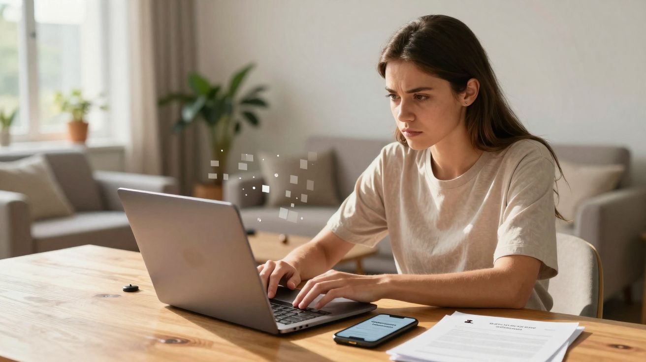 Jovem concentrada a trabalhar num computador portátil numa sala com telemóvel e documentos na mesa.