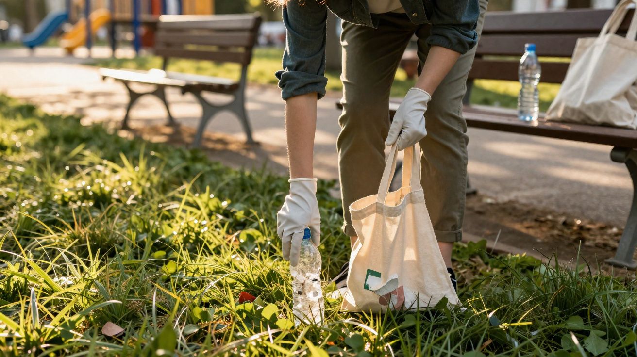 Pessoa apanha garrafa de plástico no passeio de parque usando luvas brancas e saco reutilizável.