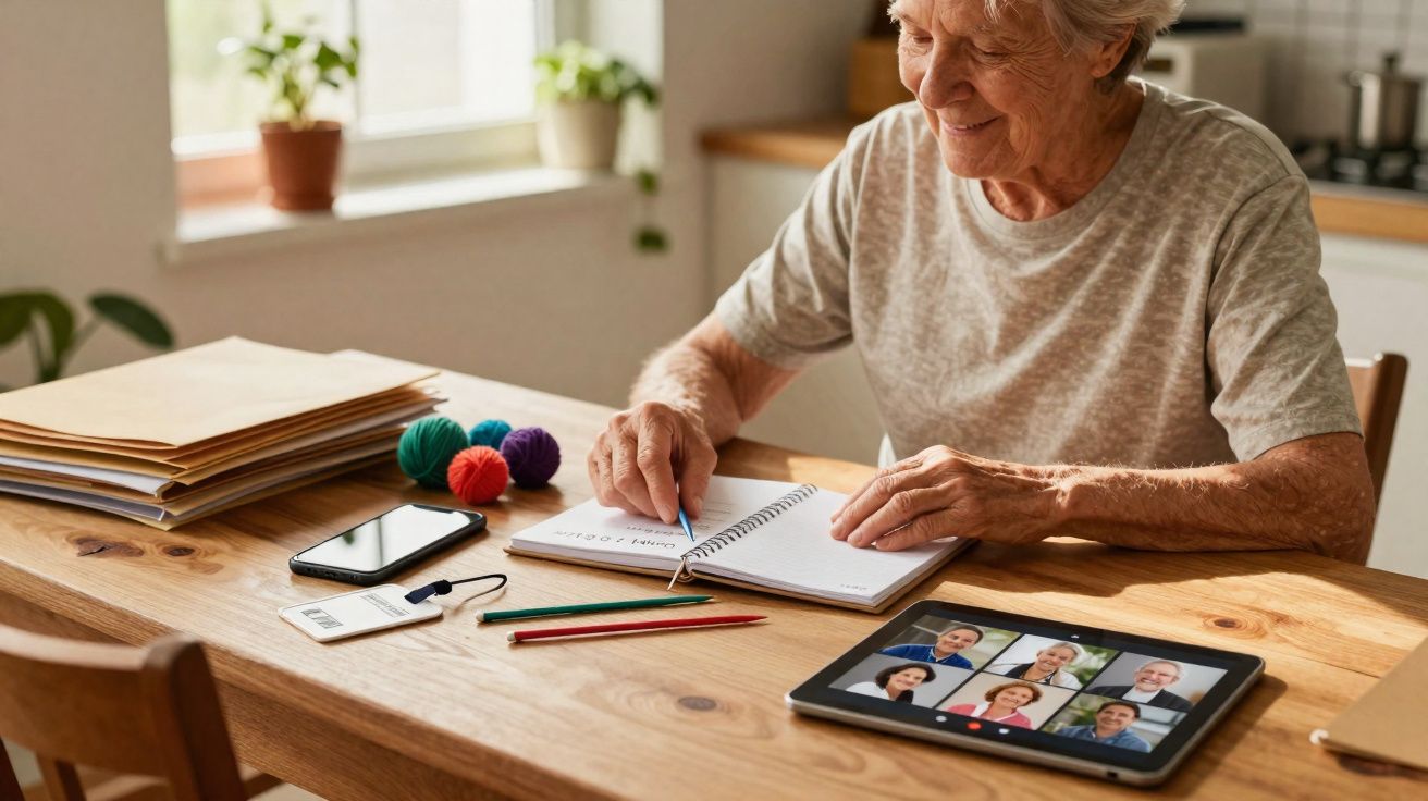 Idosa sorridente escreve num caderno durante videochamada em tablet numa mesa de madeira iluminada.