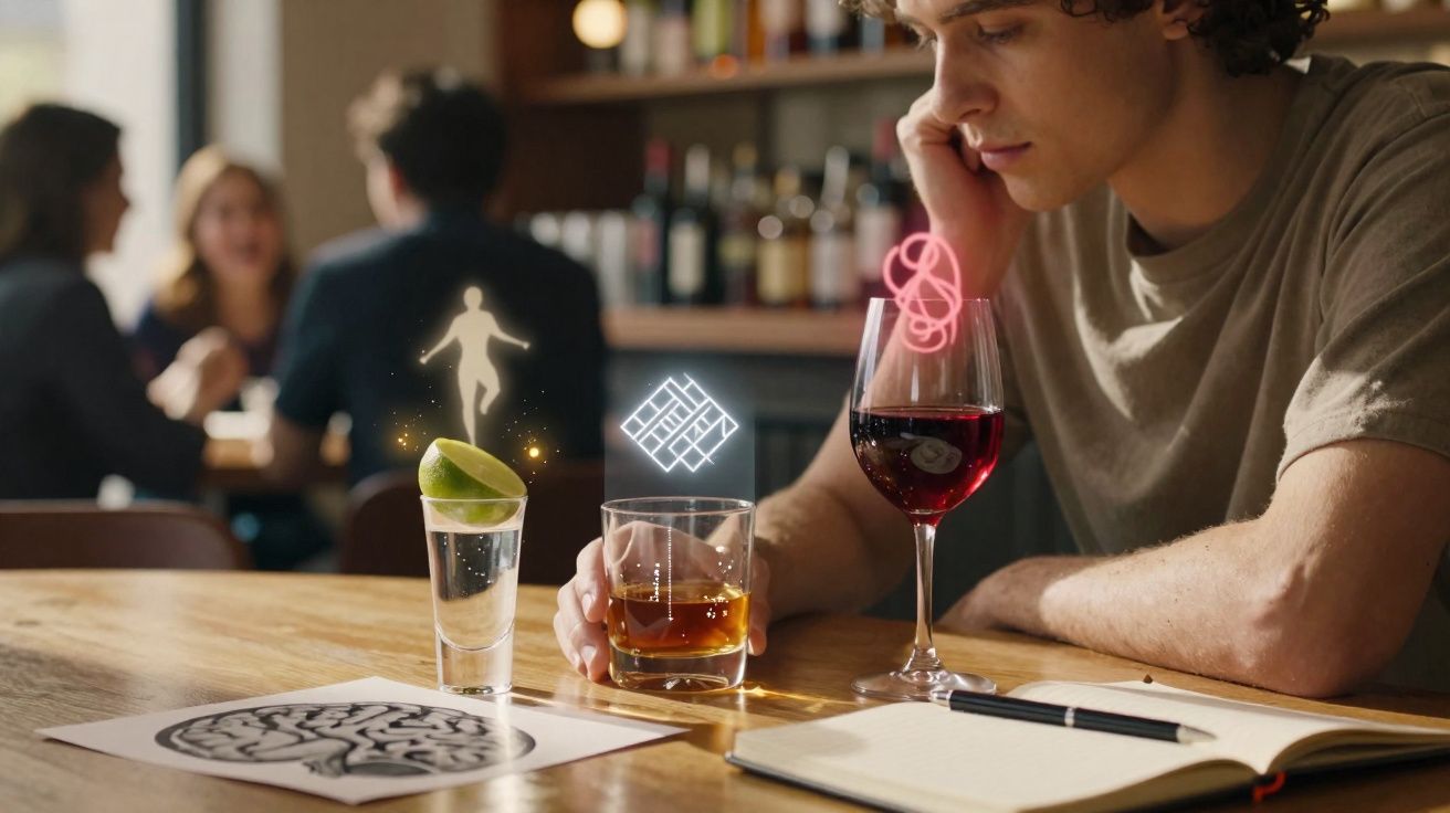 Jovem sentado à mesa com três copos de bebida e elementos digitais brilhantes sobre eles num bar.