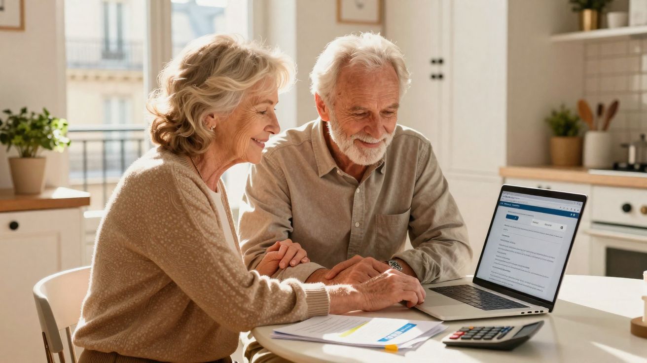 Casal sénior sentado à mesa, sorrindo, a consultar algo num computador portátil numa cozinha iluminada.