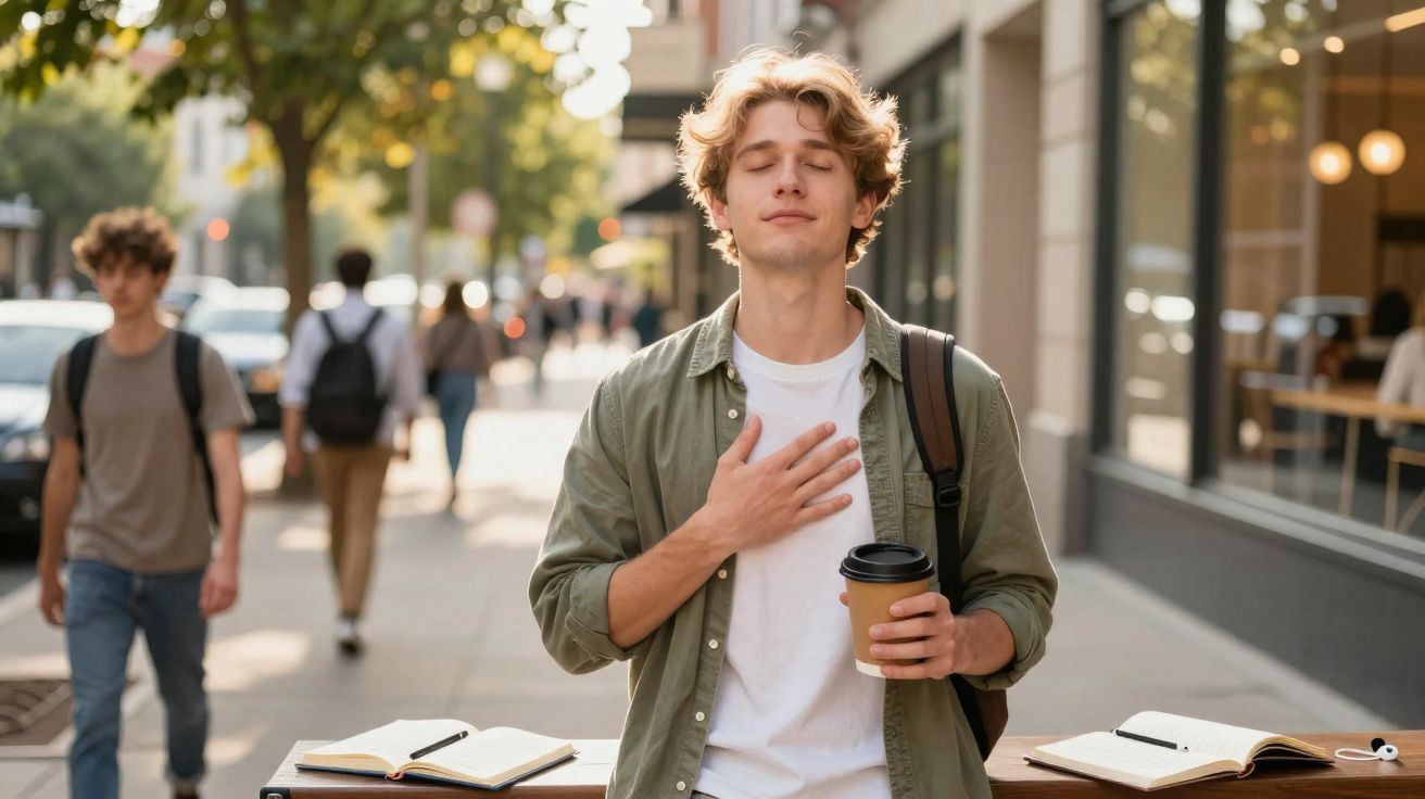 Jovem com olhos fechados segura café e mão no peito, relaxando numa rua urbana com pessoas ao fundo.
