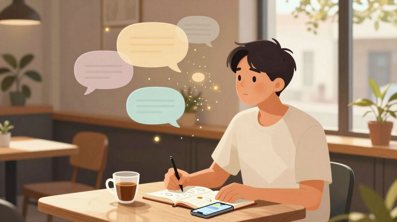 Pessoa sentada a escrever num caderno com um telemóvel e chá numa mesa, pensamentos representados em balões.