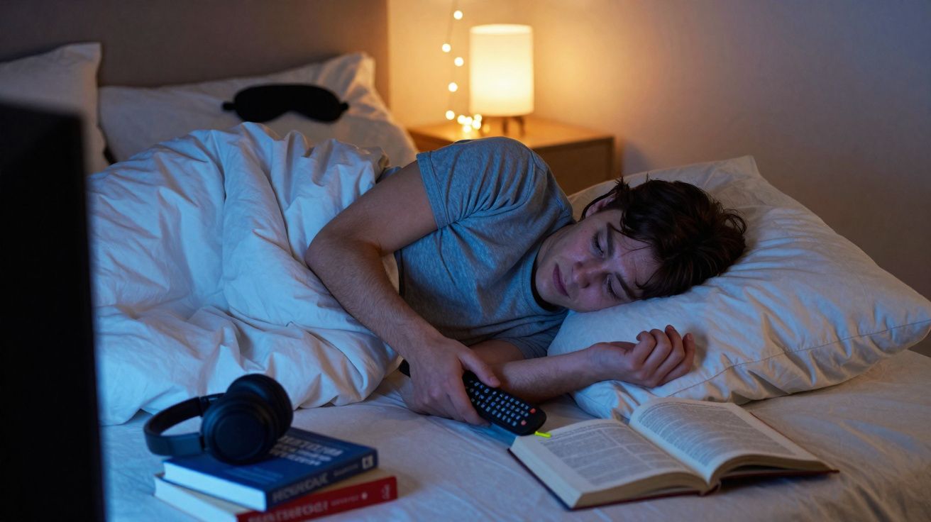 Pessoa deitada na cama com um comando na mão, livros e auscultadores ao lado, luz ambiente quente.