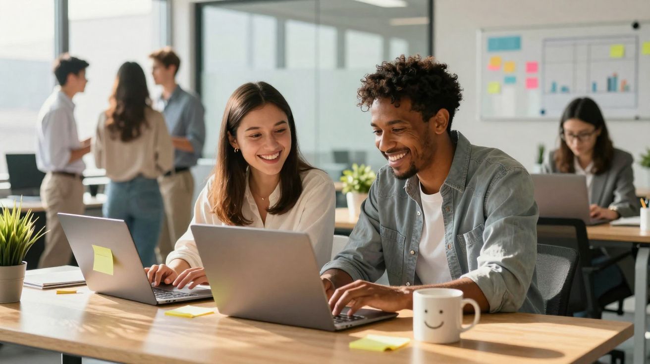 Jovens colaboradores felizes a trabalhar em laptops num escritório moderno e iluminado.