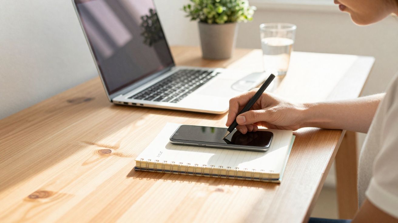 Pessoa a escrever num smartphone com uma caneta, ao lado de um portátil e um caderno numa secretária.