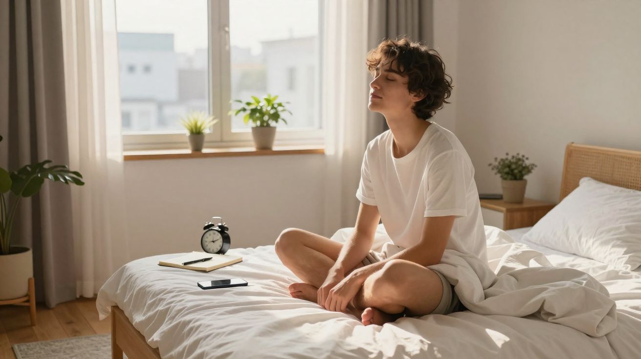 Pessoa sentada de pernas cruzadas numa cama branca, junto a uma janela com plantas e despertador preto.