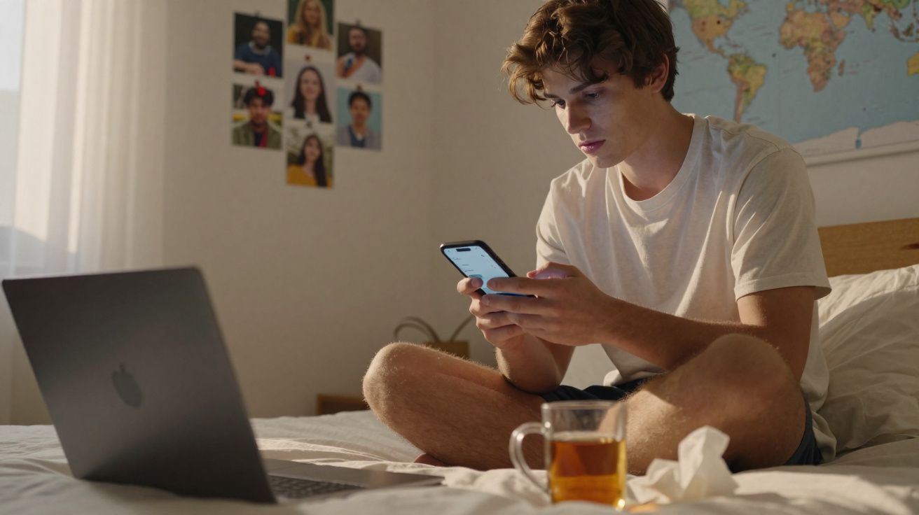 Jovem sentado na cama a usar telemóvel, com portátil aberto e chá numa chávena à frente.