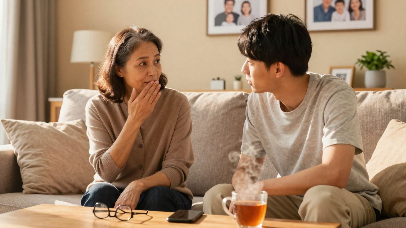 Duas pessoas sentadas no sofá, uma mulher com expressão surpresa e um homem a falar, com chá fumegante na mesa.