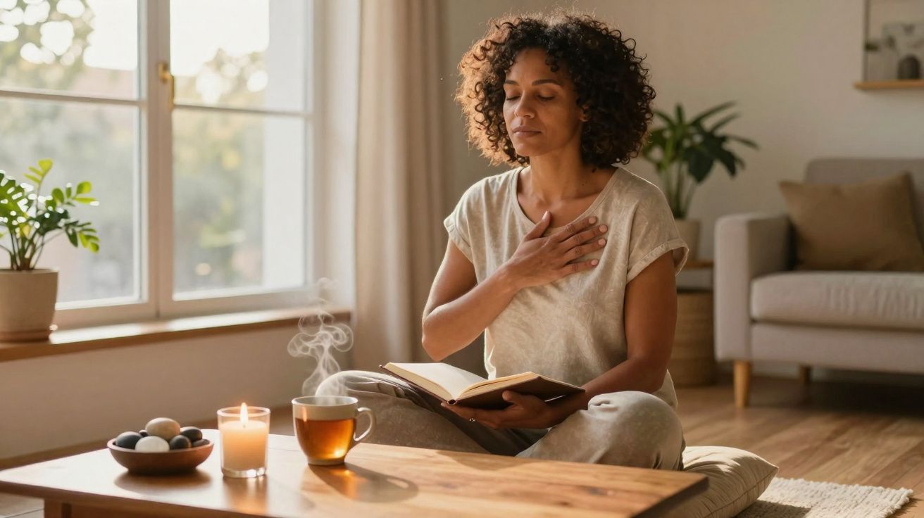 Mulher sentada no chão em casa, a meditar com um livro, chá quente e vela acesa numa mesa de madeira.