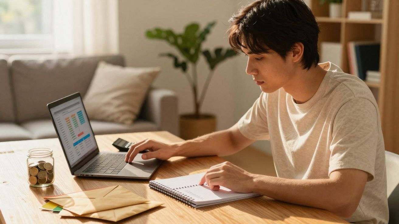 Jovem analisa finanças no computador, com caderno, envelopes e vidro de moedas numa mesa em casa.