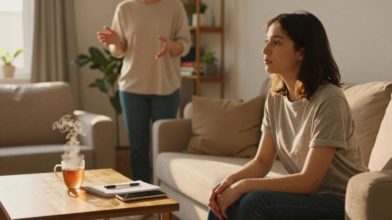 Mulher sentada no sofá parece preocupada enquanto outra está de pé a falar com gestos.
