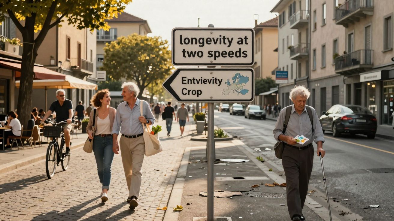 Rua urbana com pessoas a caminhar ao sol e placas de sinalização em inglês sobre longevidade.