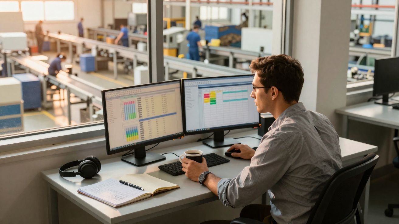 Homem a trabalhar em escritório com dois ecrãs, análises e gráficos, numa fábrica ao fundo.