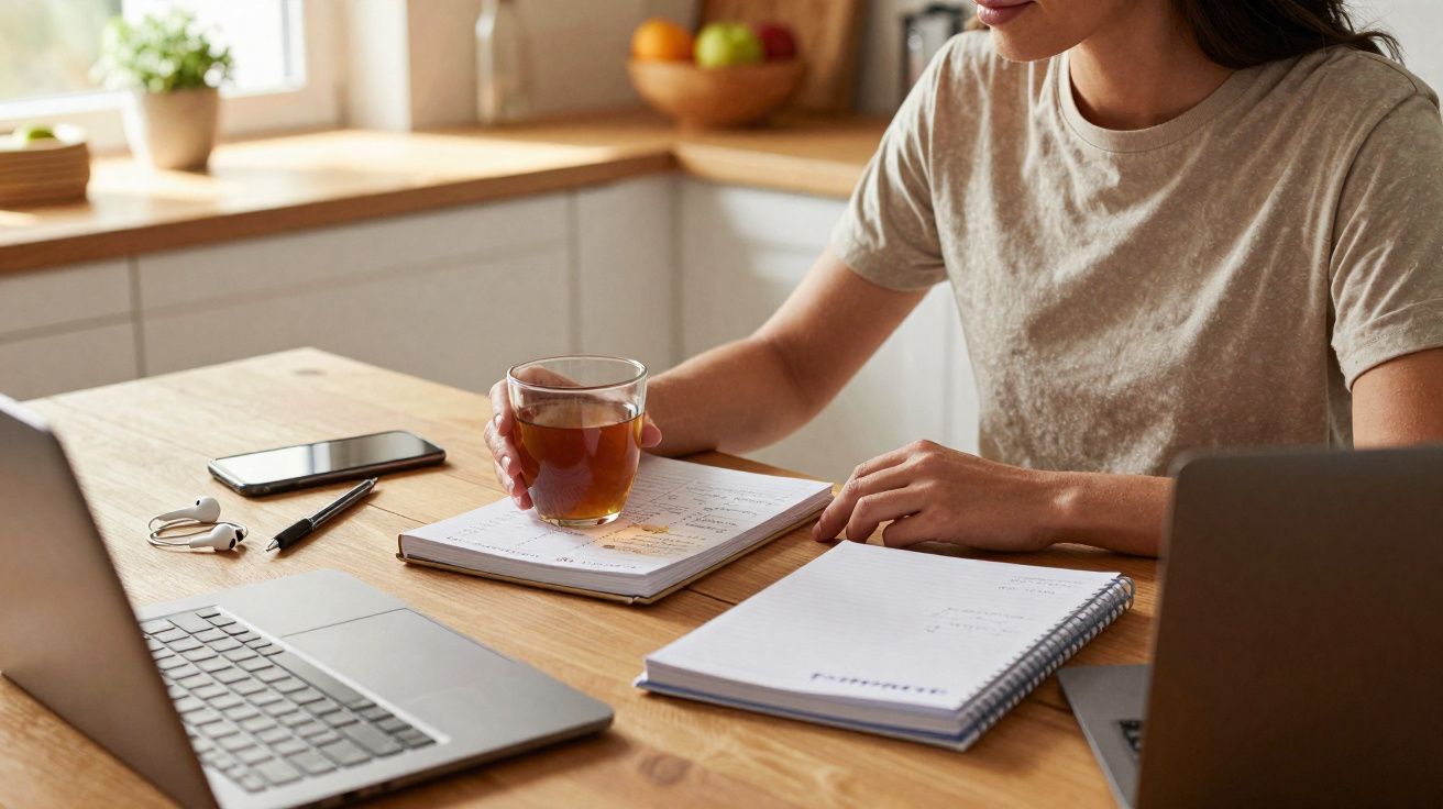 Pessoa a trabalhar numa mesa com computador portátil, caderno, telefone e a segurar um copo de chá.