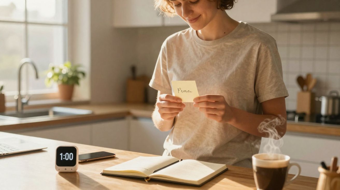 Mulher sorridente na cozinha a ler nota, com caderno aberto, relógio digital e chá quente na mesa.
