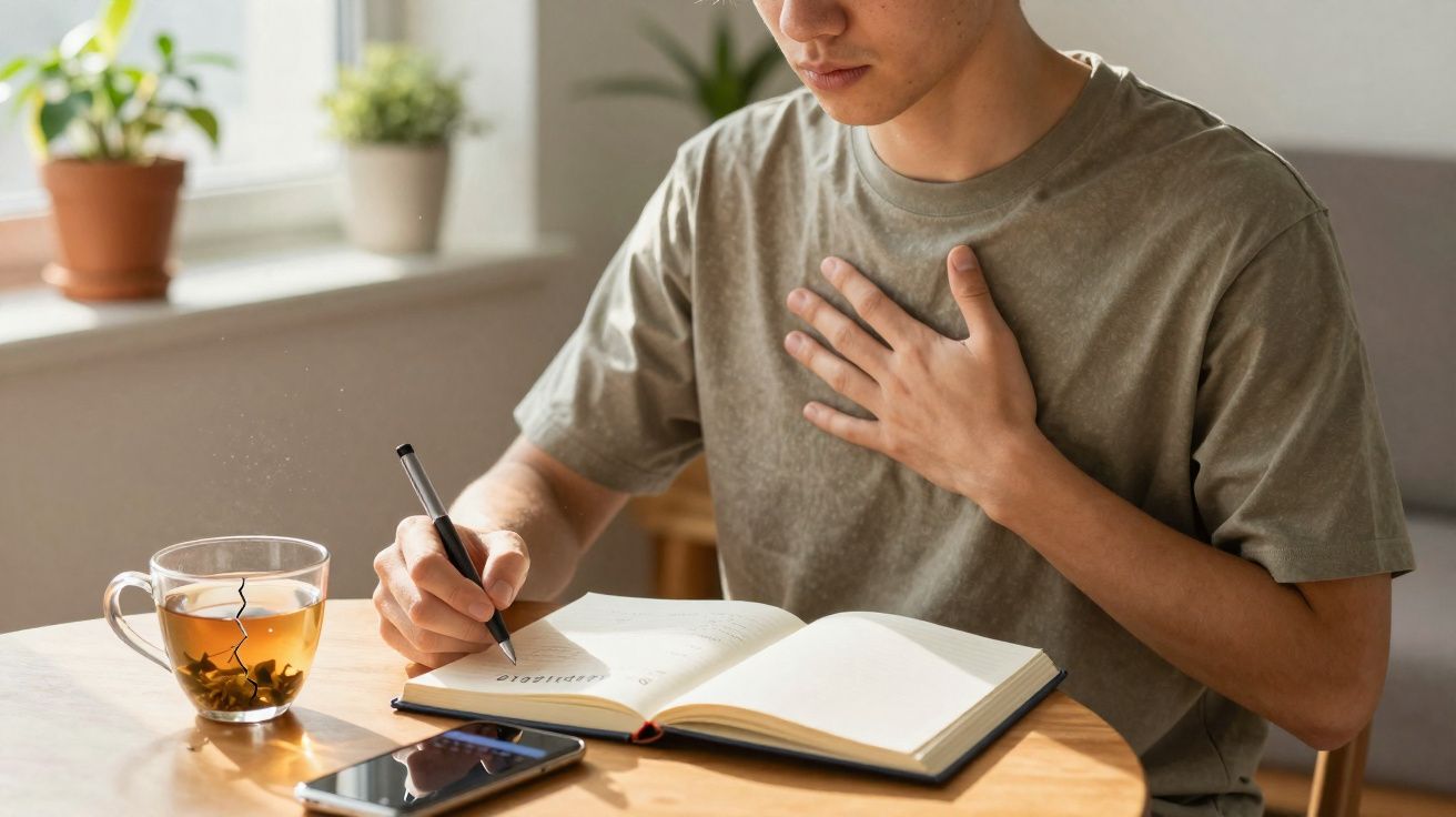 Pessoa a escrever num caderno com uma mão no peito, chá e telemóvel numa mesa iluminada pela luz natural.