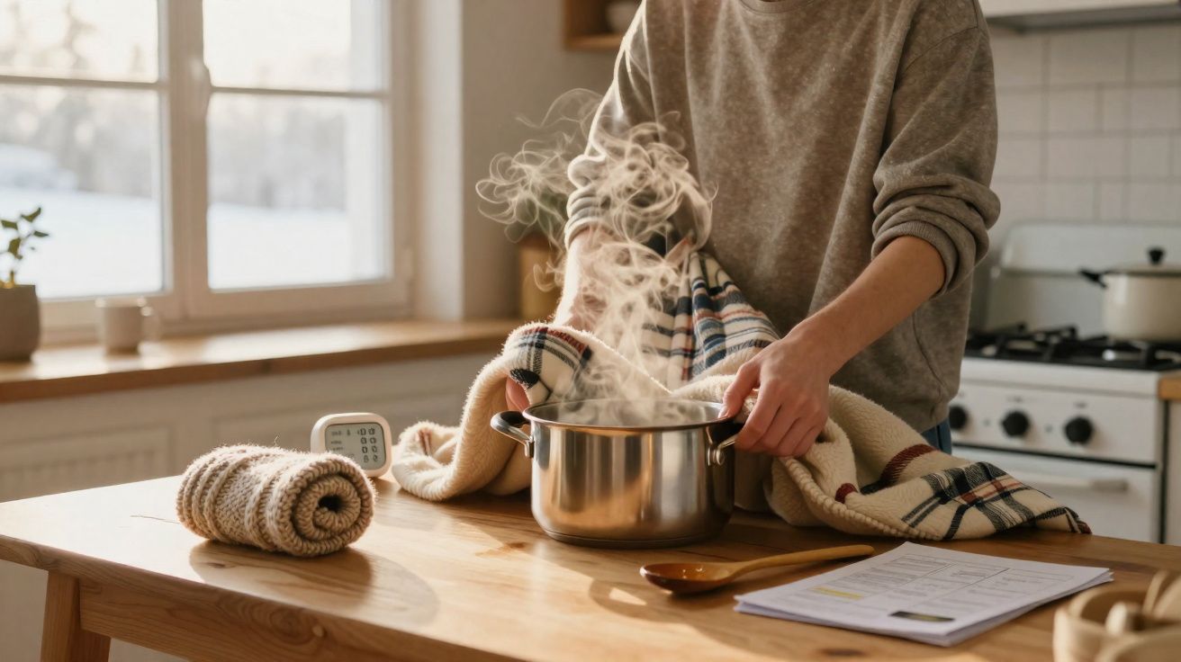 Pessoa a retirar panela de comida a ferver da mesa de madeira numa cozinha moderna.