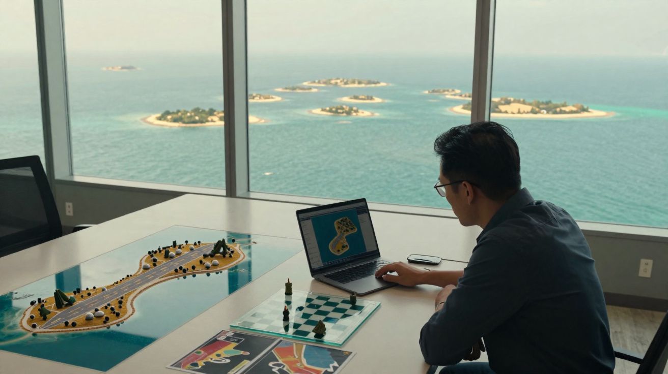 Homem a trabalhar num projeto de ilhas artificiais, com vista para o mar através de grandes janelas.