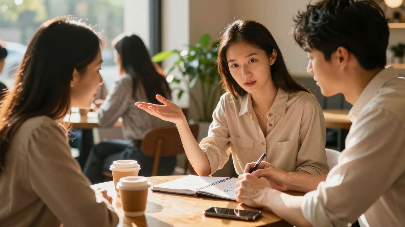 Três jovens discutem ideias à mesa de café com cadernos, telemóvel e copos de café.
