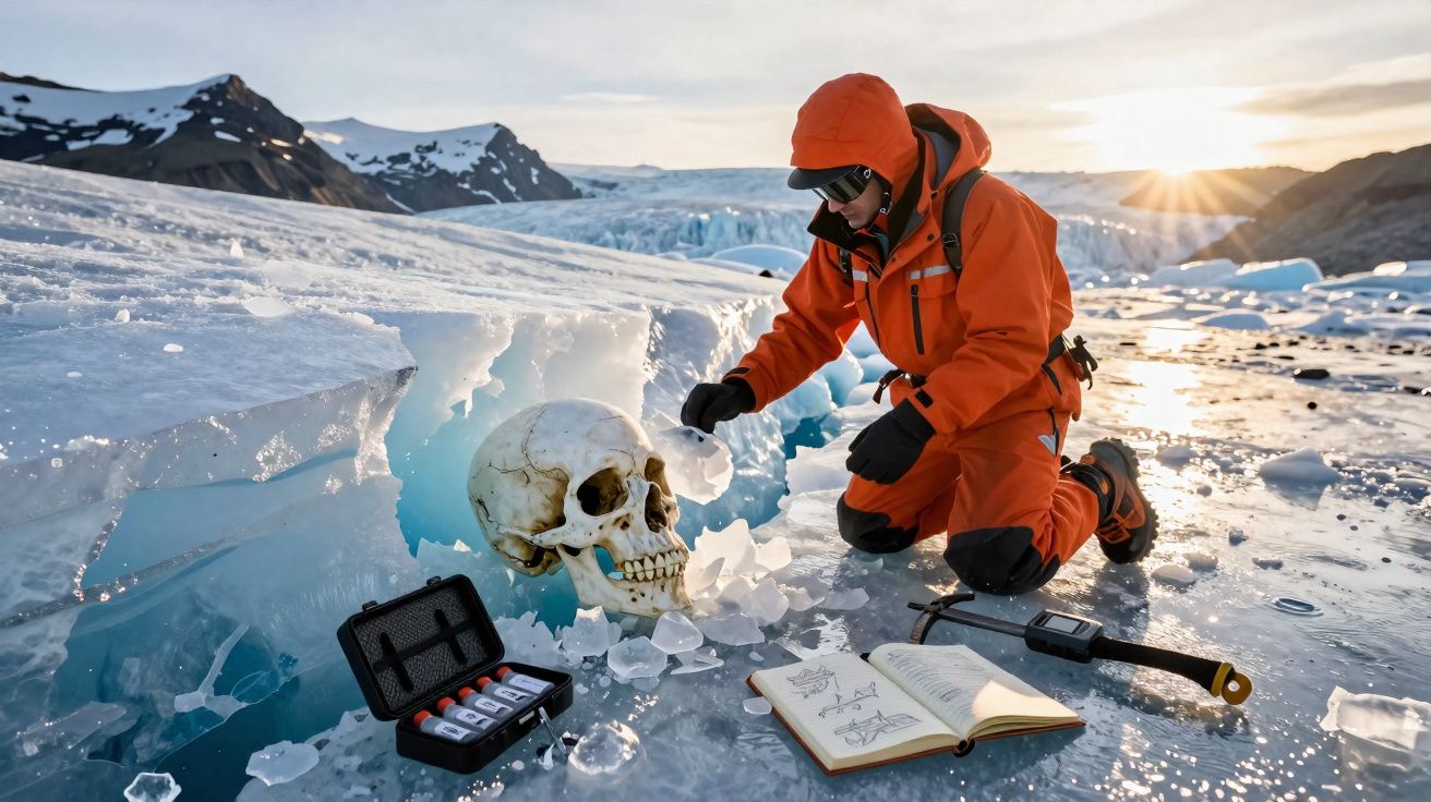 Investigador em fatos laranja examina crânio humano no gelo junto a equipamento e caderno aberto ao pôr do sol.
