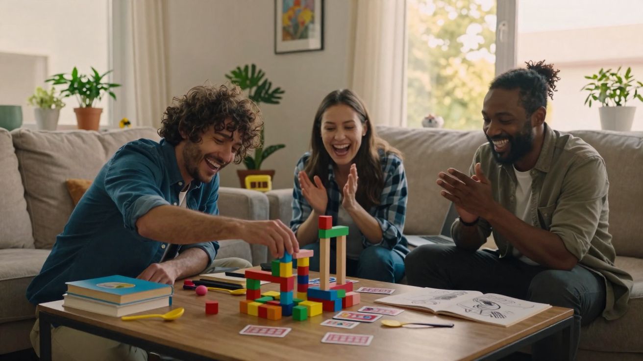 Três amigos sentados à volta de uma mesa a jogar com blocos coloridos e a sorrir numa sala luminosa.