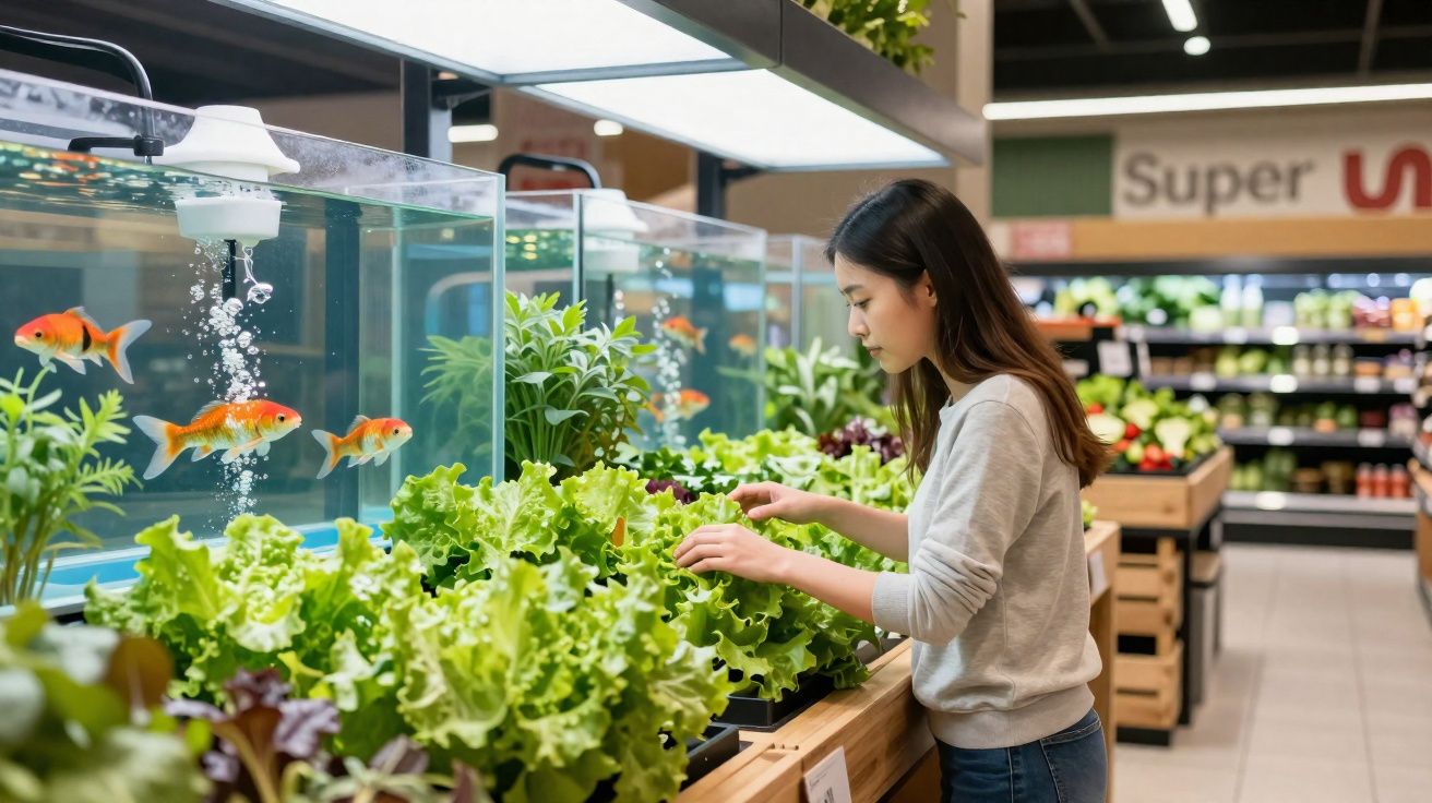 Mulher a escolher alface fresca ao lado de aquário com peixes num supermercado moderno.