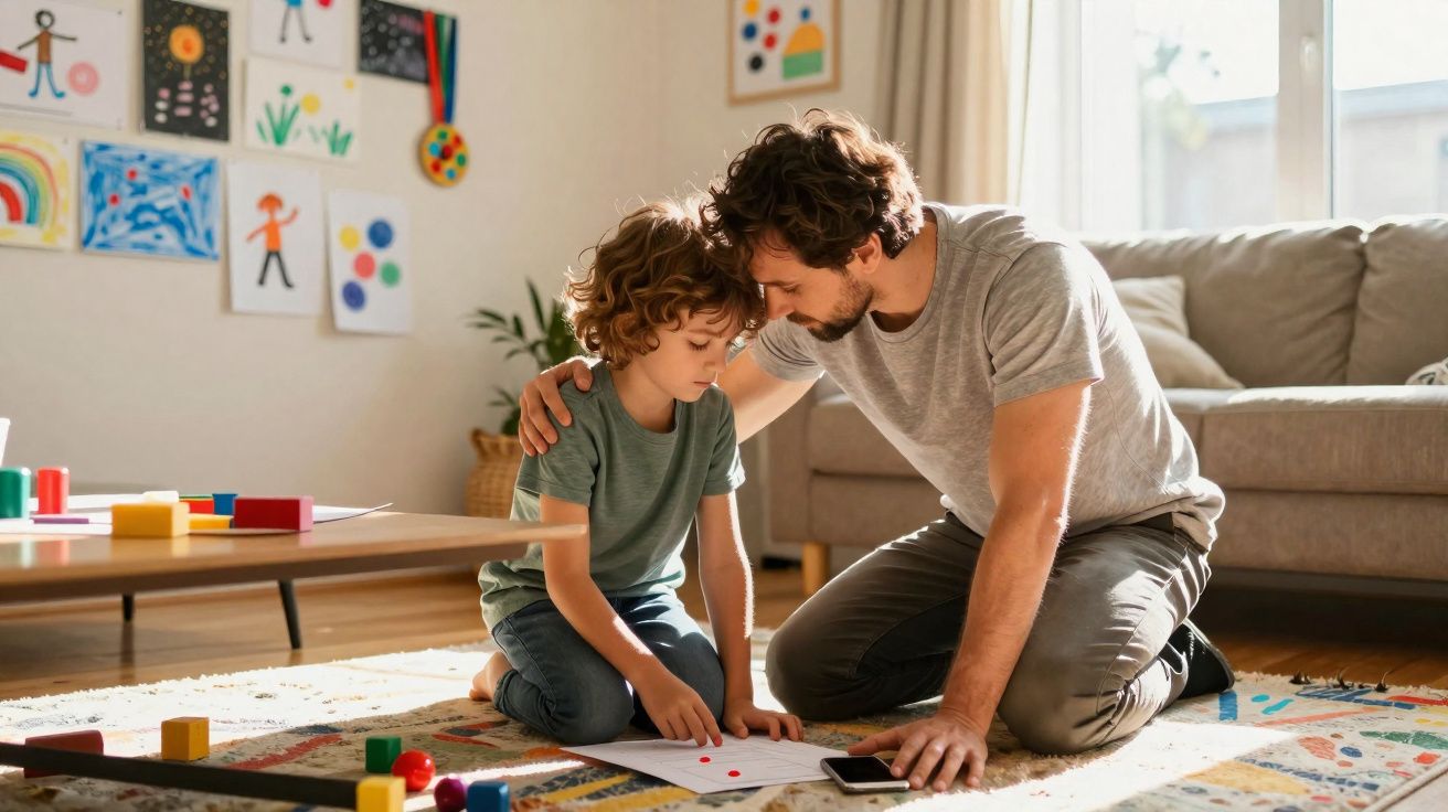 Pai consola filho sentado no chão da sala, ambos focados em folha com pontos vermelhos.