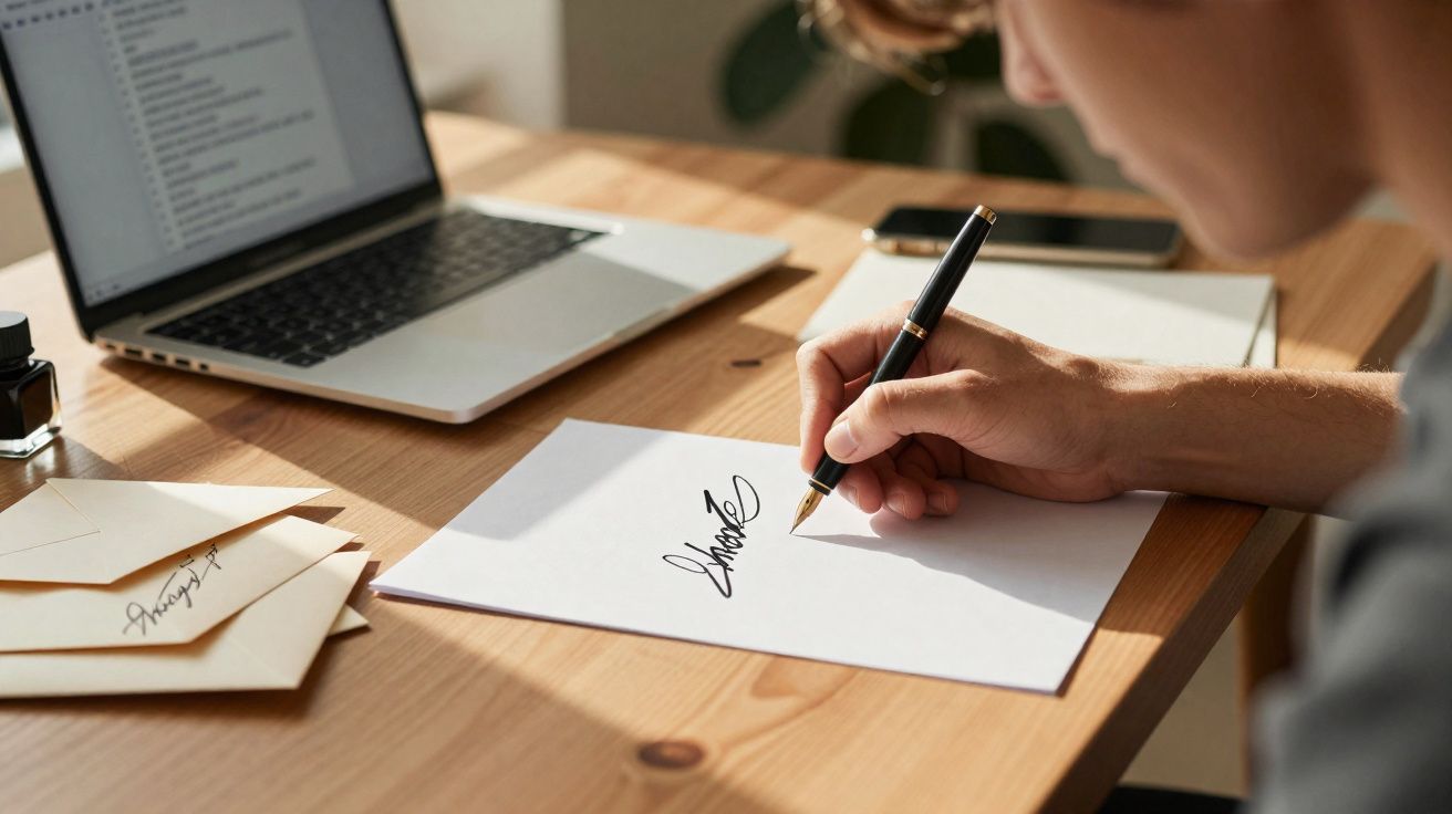 Pessoa a assinar documento com caneta preta numa secretária de madeira com computador portátil.
