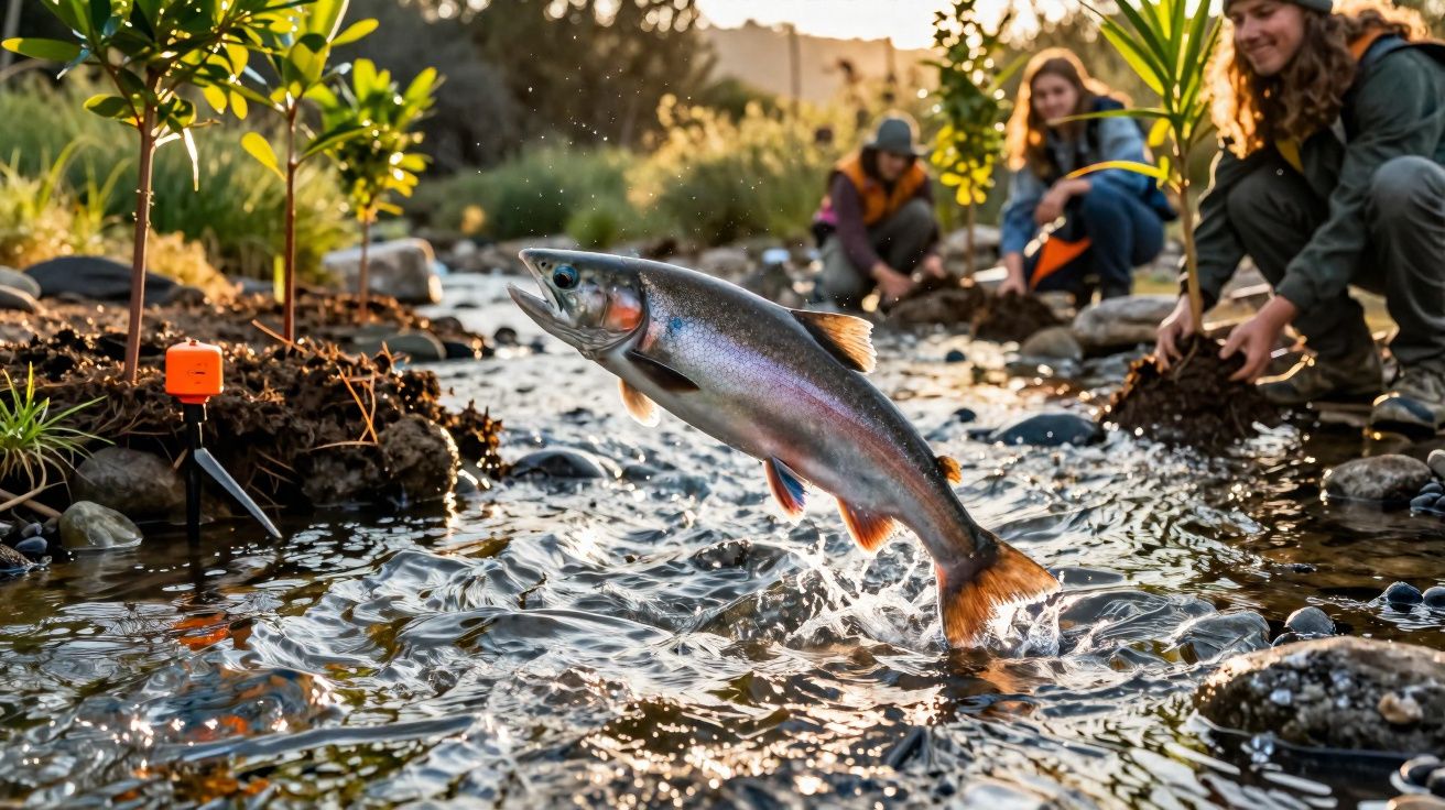 Peixe salta num rio enquanto três pessoas plantam árvores junto à água ao pôr do sol.
