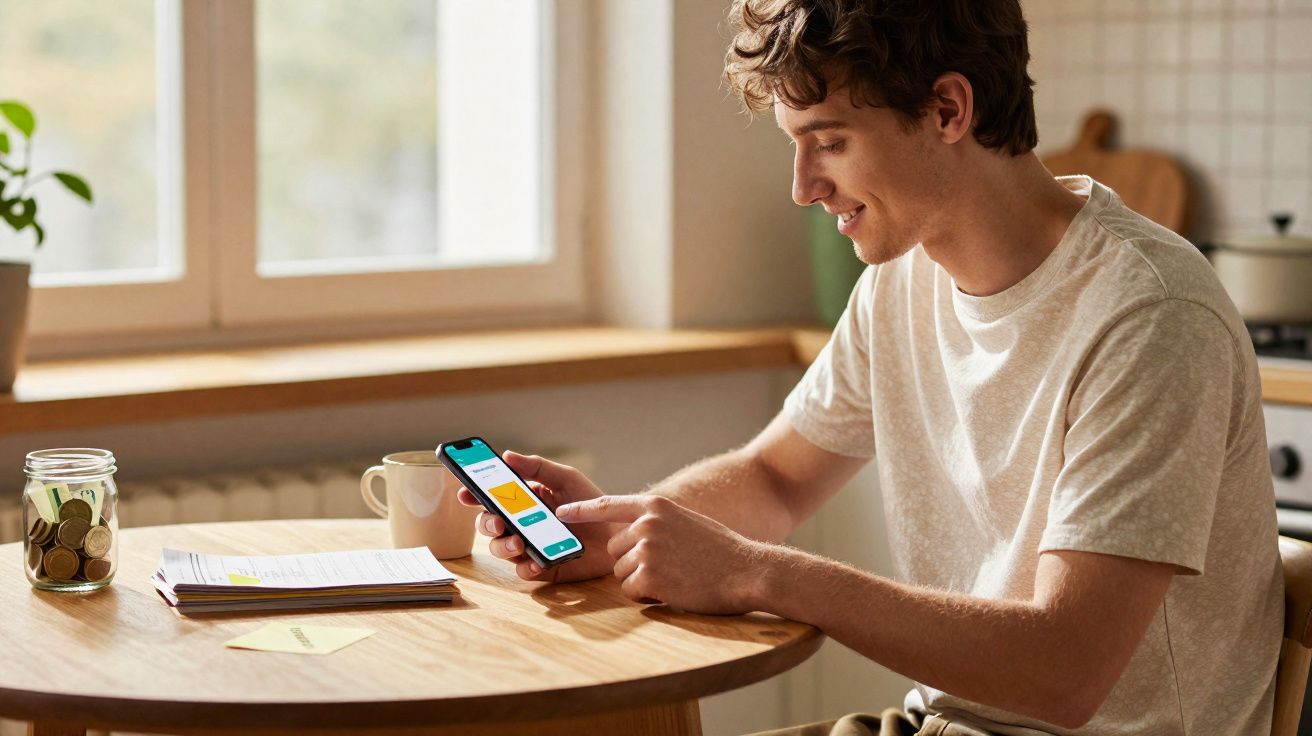 Homem sentado à mesa a usar telemóvel para gerir finanças com caderno, jarro com moedas e caneca à frente.