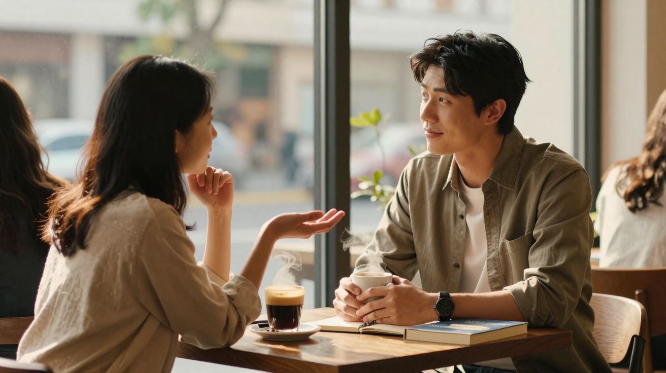 Casal jovem a conversar e beber café num café iluminado pela luz natural junto a uma janela grande.
