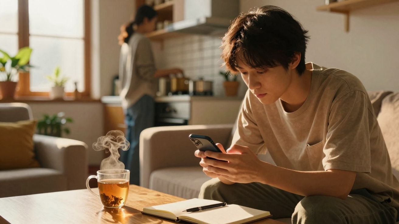 Jovem sentado no sofá a olhar para o telemóvel, chá quente e caderno numa mesa à frente, pessoa na cozinha ao fundo.