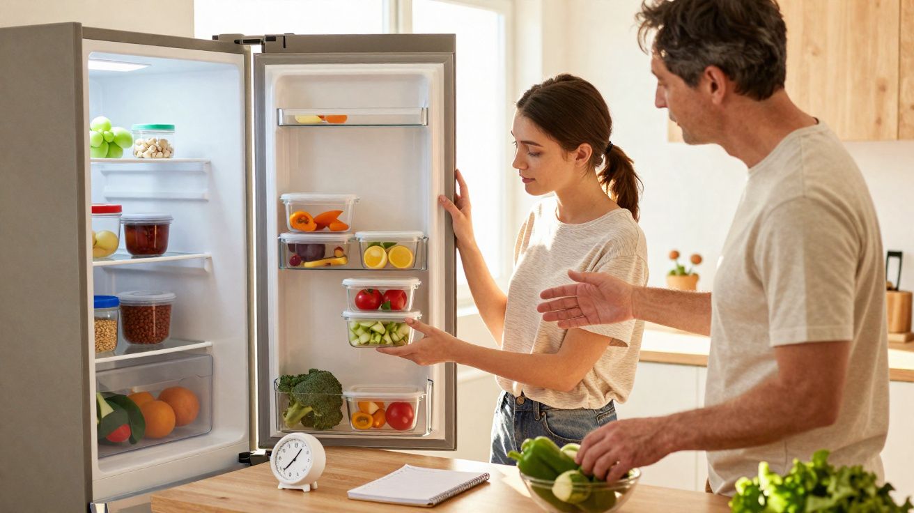 Casal a organizar legumes frescos em recipientes transparentes dentro de um frigorífico aberto numa cozinha moderna.